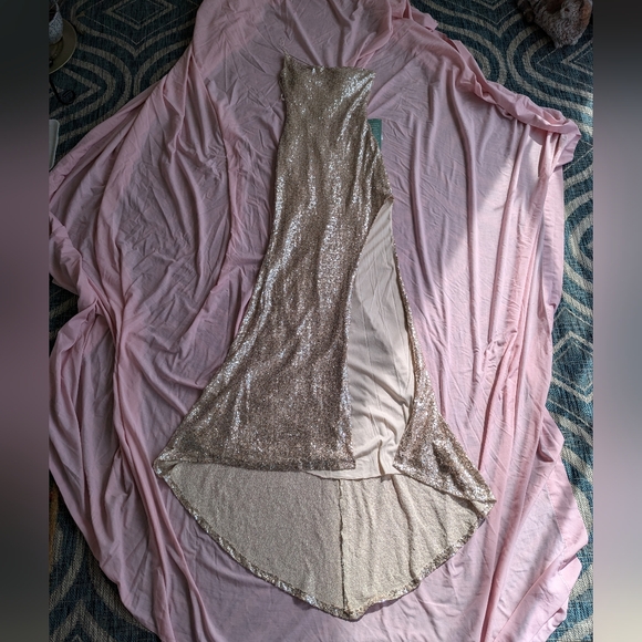 Champagne Sequin Gown, One-Shouldered Spaghetti Strap w/ Sweep Train by B. Smart - Picture 12 of 16